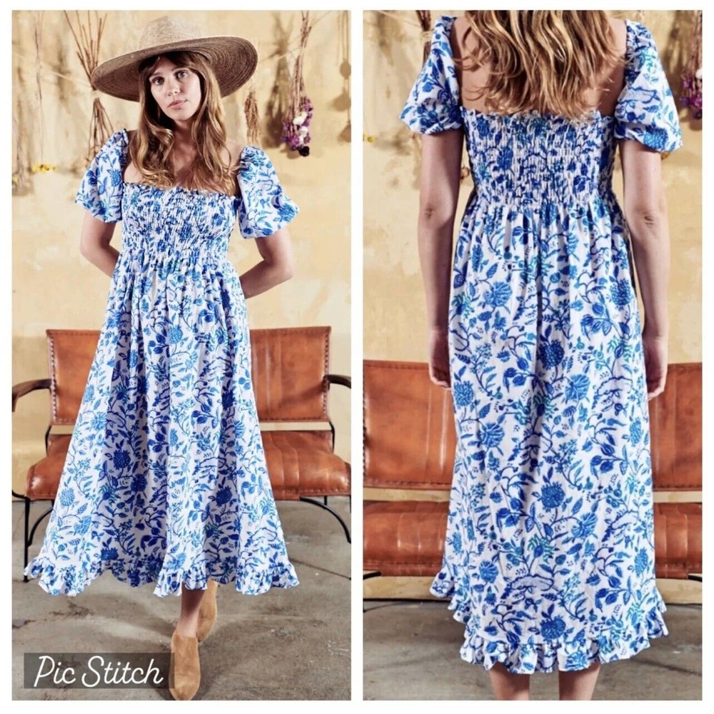 Blue Floral Midi Dress with Puff Sleeves